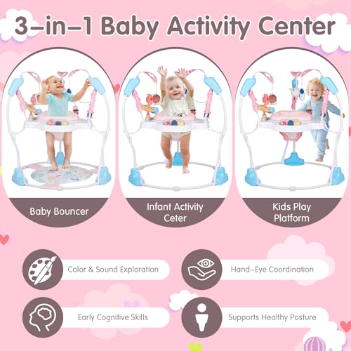 Enborbabe Baby Activity Center, 3-in-1 Grow-with-Me Baby Jumper Activity Center, 360° Rotating Jumper & Bouncer with Interactive Toys, Music, Lights and 3 Adjustable Heights for Babies 6+ Months
