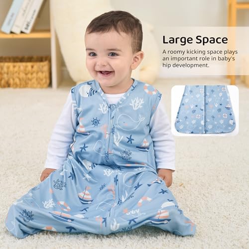 FIEMOL Baby Sleep Sack 0-6 Months, 0.5 TOG Wearable Blanket for Baby Boy and Girl, 2-Way Zipper Newborn and Infant Sleeping Bag 2 Pack, Lightweight Sleep Sacks Blue Whale（Small）