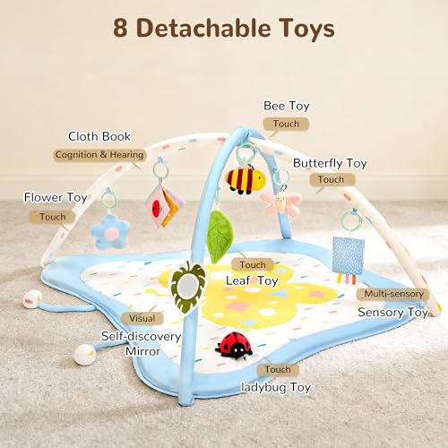 Pamo Babe Baby Play Gym & Activity Mat, Tummy Time Mat with 8 Montessori Toys, Non-slip Foldable Baby Playmat for Stage-Based Development, Machine Washable Baby Gym Play Mat for Newborn Essential Gift