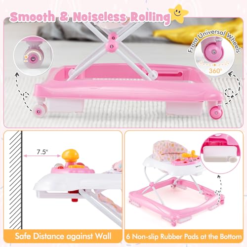HONEY JOY Baby Walker, 5 in 1 Infant Activity Walker with Wheels, Music, Removable Cushion, Toddler Foldable Push Walker for Boys Girls, Anti-Rollover Walkers for Babies 7-14 Months (Pink)