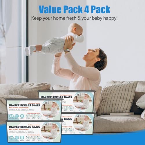 Diaper Pail Refills Bags with 30 Bags Compatible with Genie Easy Roll Signature and Platinum Diaper Pails, 7-Layer Odor-Barrier Technology, 4 Pack (120 Bags)