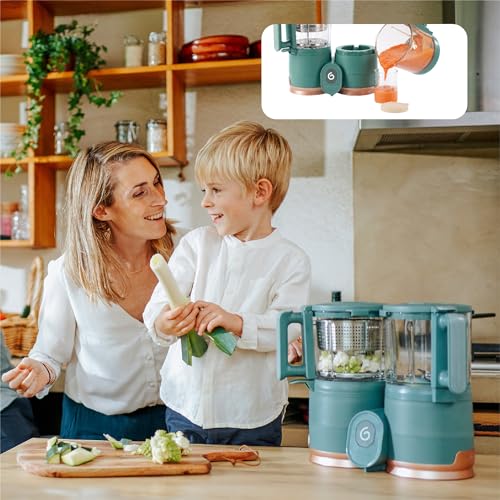 Babymoov Duo Meal Glass Food Maker - Baby Food Processor with Built-in Glass Steamer, Stainless Steel Basket, and Glass Blender (Over 6 Cup Capacity), Dark green