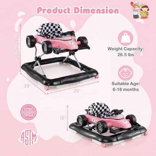 BABY JOY 4-in-1 Baby Walker, Foldable Activity Walker with Push Mode, Adjustable Height, Lights, Anti-Rollover, Baby Walker with Wheels for Boys Girls 6-18 Months (Pink)