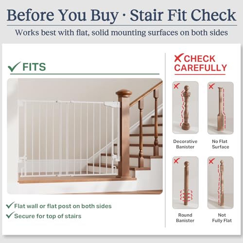 Cumbor 29.2–43" Baby Gate for Stairs, Hardware Mounted (Drill Required), Expandable No Bottom Bar Dog Gate, Auto Close Extra Wide Walk Thru, Pet & Toddler Proof Gate, Top & Bottom of Stairways (White)