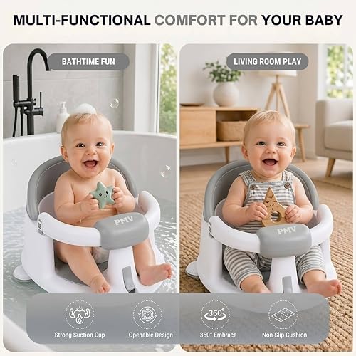 PMV Baby Bath Seat for Sitting Babies, Non-Slip Baby Bath Chair with 3 Suction Cups, Safe & Comfortable Toddler Bath Support Seat for Bath/Shower Use, Stable Design, Gray (6–24 Months) (Gray)