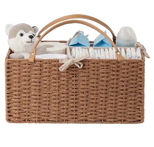 HBlife Baby Diaper Caddy Organizer, Paper Rope Storage Baskets Nursery Bin with Removable Divider, Portable Car Organizer for Diapers, Baby Shower Gifts, Newborn Essentials Must Haves