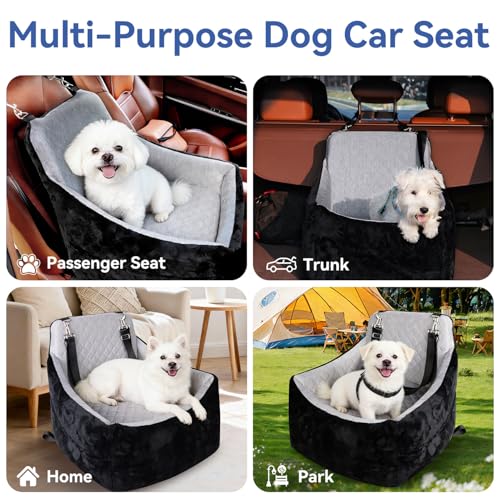 Dog Car Seat for Small/Medium Dogs Under 30lbs, Double-Sided Cooling & Warm Booster Seat, Detachable & Washable Elevated Pet Bed with Pockets, Anti-Slip Base for Front & Back Seats with Safety Leash