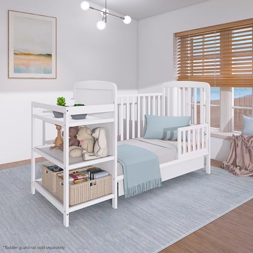 Dream On Me Anna 3-in-1 Convertible Full-Size Baby Crib & Changer with Storage in White, GreenGuard Gold & BSA, Pinewood, Converts to Day & Toddler Bed, 3 Mattress Heights, 1″ Changing Pad