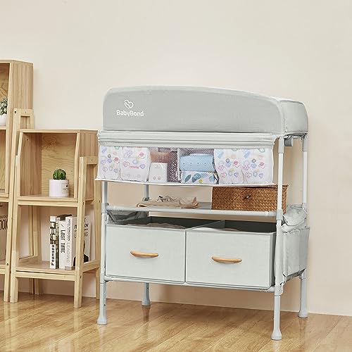 BabyBond Portable Baby Changing Table with 2 Storage Baskets, Foldable Changing Table Dresser Diaper Changing Table Height Adjustable Changing Station for Infant and Newborn(Beige)