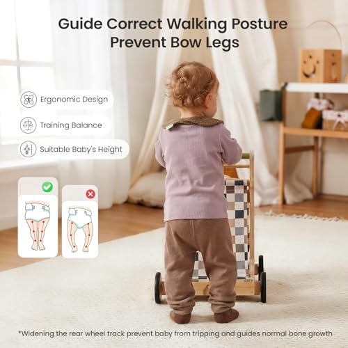GROWNSY Wooden Baby Walker with Wheels, 3-in-1 Sit-to-Stand Baby Walker with Adjustable Speed, Montessori Push Walker with 7-in-1 Removable Activity Panel, First Birthday Gifts for Boys & Girls