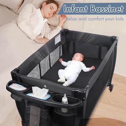 Cradlecare 5 in 1 Pack and Play with Bassinet & Changing Table, Portable Foldable Playpen for Babies and Toddlers with Locking Wheels & Diaper Storage, Easy Fold Travel Playard (Black)