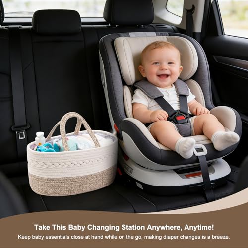 YeaYee Baby Diaper Caddy Organizer, Portable Nursery Storage Basket with Changeable Compartments, 100% Cotton Woven Rope Baskets, Car & Changing Table Tote, Newborn Gift