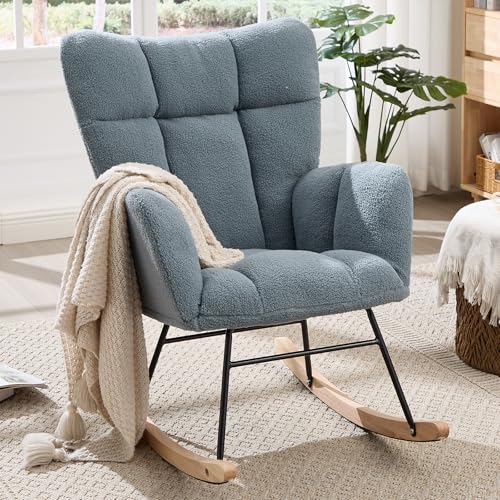 Sudwesto Nursery Rocking Chair, Teddy Upholstered Glider Chair with High Backrest, Tufted Rocker Glider Chair with Thick Cushion, Cozy Rocking Armchair, Rocker Padded Seat for Bedroom(Blue)