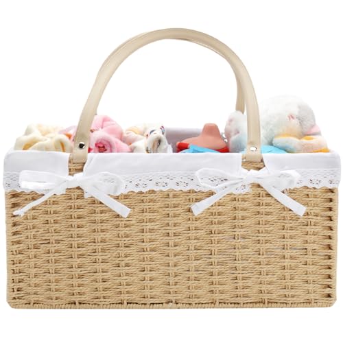 FUFAXHX Large Baby Diaper Caddy Basket - Wicker Paper Rope Storage Baskets Portable Woven Car Organizer for Diapers With Cotton Divider Brown
