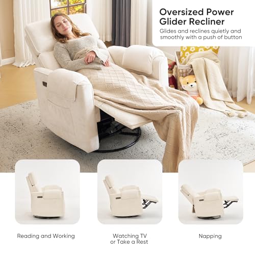 Rhevoy Oversized Power Rocker Recliner Chair, 24" Extra Wide Swivel Recliner with Adjustable Headrest, Chenille Glider Rocking Nursery Chair with Overstuffed Armrest, USB Ports, Cream
