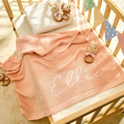 Personalized Custom Knit Baby Blanket w/Embroidered Name, 40 * 30 inch, Handmade Cotton Nursery Blankets, Customized Receiving Newborn for Boy Girls Kids, Birthday Christmas