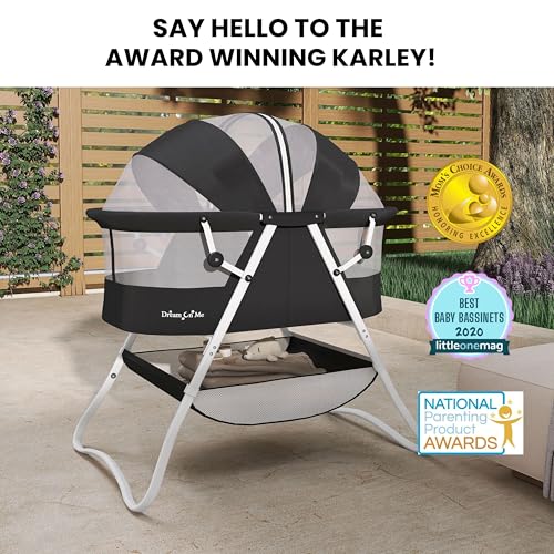 Dream On Me Karley Bassinet, Award Winner Lightweight Travel Baby Bassinet, Foldable Bedside Sleeper, Adjustable Double Canopy, Spacious Design, Soft Fabric, Storage Basket – Black
