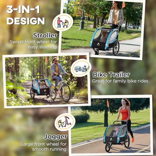 Aosom 3-in-1 Walk/Jog/Ride Child Baby Bike Trailer for Kids 2 Seater, High-Visibility Bike Stroller for Toddler Wagon, Weather-Strong Double Bicycle Trailer Accessory, Blue
