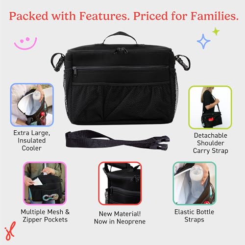 J.L. Childress Cool 'N Cargo Stroller & Wagon Cooler - Insulated Stroller Organizer Bag with Cup & Bottle Holder, Travel Accessory for Parents, Universal Fit, Large Capacity Storage Attachment - Black