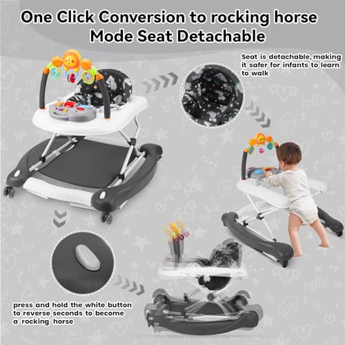 RefoereBabe Baby Walker, 5 in 1 Baby Walkers for Boys Girls 6-12 Months, Foldable Walkers for Babies with Bouncer & Feeding Tray, Music, Adjustable Heights, Activity Walker for Infant
