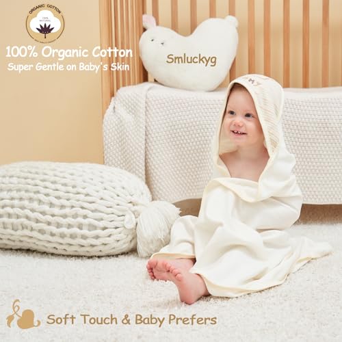Smluckyg 6-Pack Organic Cotton Baby Bath Set - Ultra Soft Embroidered Hooded Towel and 5 Washcloths, Premium Gentle Newborn, Toddlers Gift for Sensitive Skin, Stripes, 30 x 30 Inch