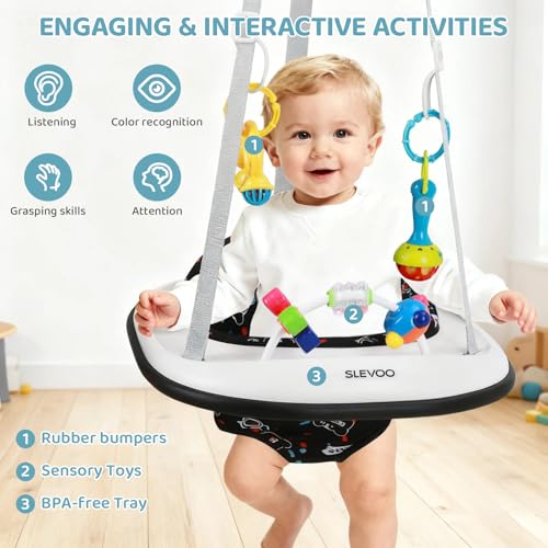 Slevoo Baby Jumper, Baby Door Jumper with Bumper, Play Tray and Two Jingle Rattles, Quiet Bear