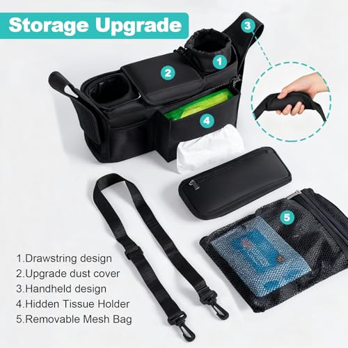 eutopic Universal Stroller Organizer with Insulated Cup Holder Detachable Phone Bag & Shoulder Strap, Bag Caddy Fits for Stroller like Uppababy, Baby Jogger, Britax, BOB, Umbrella & Pet Stroller