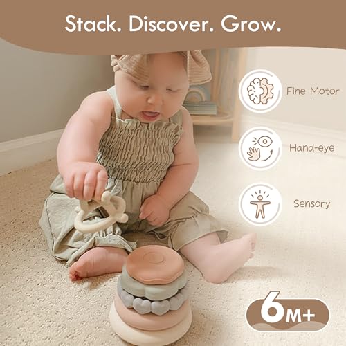 Moonkie Stacks of Circles Soft Teething Toy | Educational Learning Baby Toy | Stacking Ring Toys for Babies Boy and Girl | 7 Piece Teethers Set