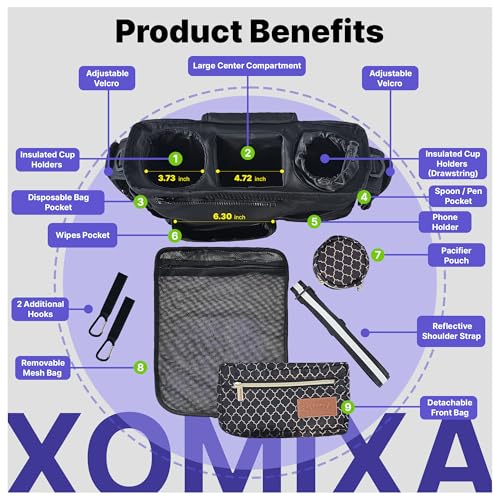XOMIXA Stroller Organizer with Cup Holders – 9-in-1 Universal Baby Stroller Caddy with Large Pockets, Detachable Pouch & Pacifier Bag, Hooks & Adjustable Reflective Straps, Fits Most Strollers.