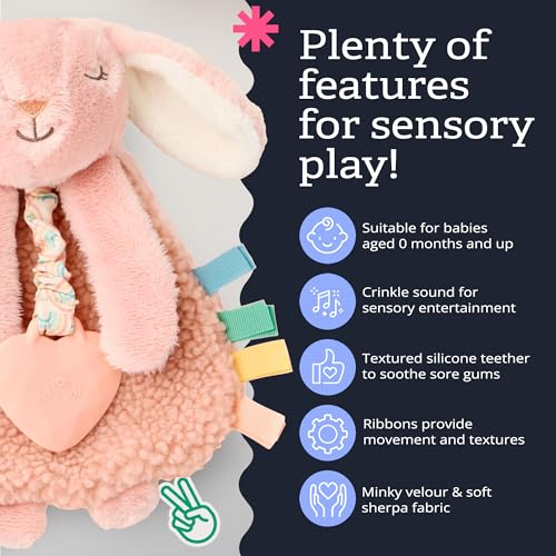 Itzy Ritzy - Itzy Lovey Including Teether - Baby Lovey with Teether, Textured Ribbons & Dangle Arms - Features Crinkle Sound, Sherpa Fabric and Minky Plush (Pink Bunny)