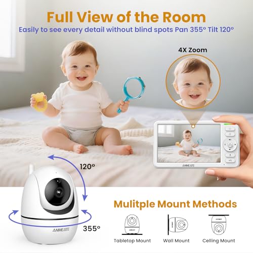 ANMEATE 6 Inch Baby Monitor with Camera and Audio - No WiFi, 48-Hour Battery, Thermal Sensor, Remote Pan/Tilt/Zoom, Two-Way Talk, Lullabies&White Noise, 1000ft Range
