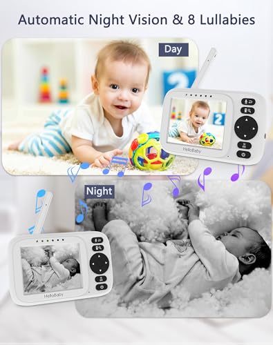 HelloBaby Monitor No WiFi Video Baby Monitor with Camera and Audio - 3.2" Screen, 2-Way Talk, Night Vision, 8 Lullabies,Temperature, Manual Baby Camera Adjustment,1000ft,ECO,USB Cable | HB2438 Upgrade