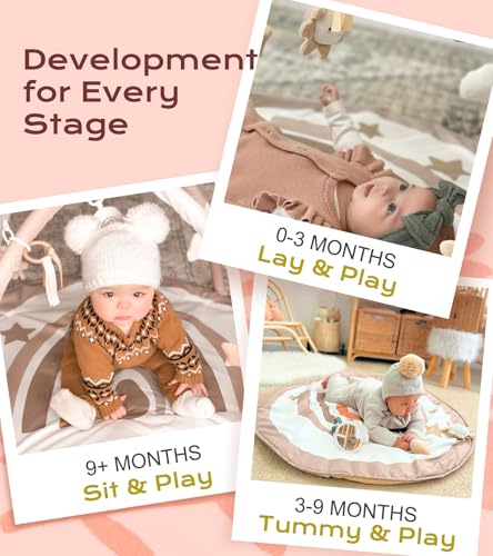 Baby Play Gym Mat, Tummy Time Activity Mat with 7 Detachable Toys and 12 Milestone Cards for Stage-Based Sensory and Motor Skill Development, Washable Play Mats for Infant, Newborn Baby Essentials