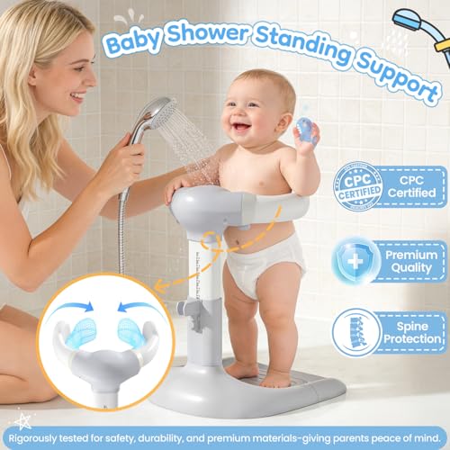 Upgraded Baby Shower Stand with Anti-Pinch Silicone & Anti-Slip Base, Adjustable Height Baby Bath Standing Support, Soporte para Bañera de Bebé Assist Holder for 6-36 Months Toddler, Ideal Gift, Gray