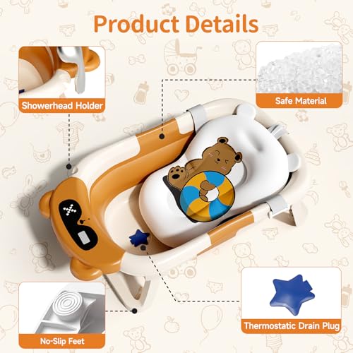 Kerbwry Collapsible Baby Bathtub for Newborn to Toddler (0-18 Months) - Foldable Baby Bath Tub with Soft Towel, Newborn& Infant Bathtub for Travel and Outdoor, Brown