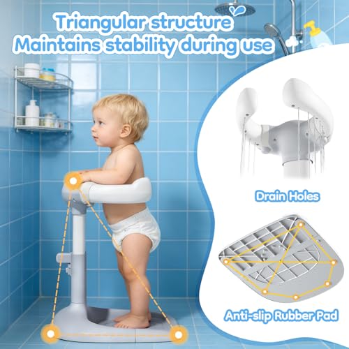 Upgraded Baby Shower Stand with Anti-Pinch Silicone & Anti-Slip Base, Adjustable Height Baby Bath Standing Support, Soporte para Bañera de Bebé Assist Holder for 6-36 Months Toddler, Ideal Gift, Gray