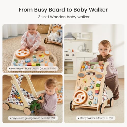 GROWNSY Wooden Baby Walker with Wheels, 3-in-1 Sit-to-Stand Baby Walker with Adjustable Speed, Montessori Push Walker with 7-in-1 Removable Activity Panel, First Birthday Gifts for Boys & Girls