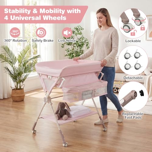 BABY JOY Portable Baby Changing Table, Foldable Diaper Changing Station with Wheels, Adjustable Height, Large Storage Rack, Removable Activity Arch, Mobile Nursery Organizer for Newborn Infant (Pink)