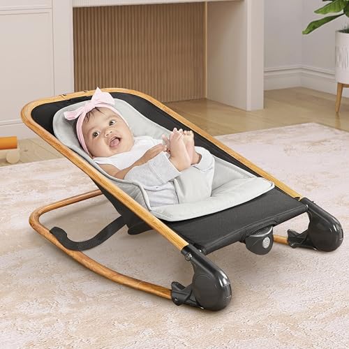 Dream On Me Rock On Me 2-in-1 Baby Rocker and Stationary Seat, Adjustable Recline, Gentle Music & Vibration, 3-Point Safety Harness, Detachable Toy Bar, Folds Compact for Travel – Black & Grey