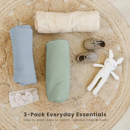 Konssy 3 Pack Muslin Swaddle Blankets for Unisex, Newborn Receiving Blanket, Large 47 x 47 inches, Soft Breathable Muslin Baby Swaddles for Boys & Girls
