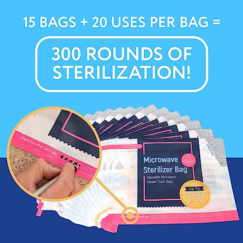 Impresa Microwave Baby Bottle Steam Bags - Reusable Up to 20 Uses & Baby Travel Essential - Multipurpose Steam Bag for Breast Pump Parts & Bottle Cleaning in Microwave - Pack of 1, 15 Count