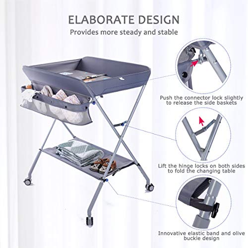EGREE Baby Changing Table Portable Folding Diaper Changing Station with Wheels, Adjustable Height Mobile Nursery Organizer with Safety Belt and Large Storage Racks for Newborn Baby and Infant, Gray