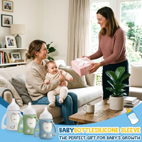 Mamalovey 3 Pack Silicone Baby Bottle Handles & Holders for Pigeon Bottles 5.4oz, Food Grade Anti-Breakage Silicone Sleeve for Glass Bottle - Great Upgrade for Your Baby Bottle Sets (White+Green+Blue)