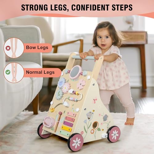 Pithfor Wooden Baby Walker, Baby Push Walker, Push Walker Toys for Babies Learning to Walk & Sit-to-Stand, with Montessori Sensory Toy & Activity Center for Girls Boys
