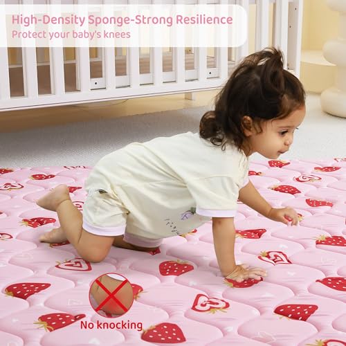 Viviland Baby Play Mats for Floor, Thicken Playmate for Baby and Toddlers, 50" x 50" Playpen Mat, Non-Slip & Machine Washable - Pink Strawberry