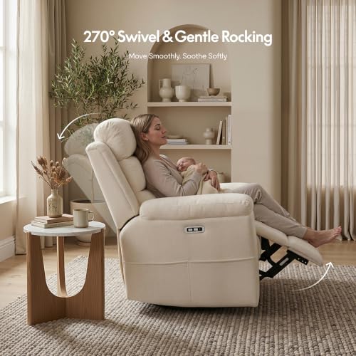FLEXISPOT Souffle-Pro Swivel Rocker Recliner Chair with Nightlight, Power Nursery Glider Recliner with Massage & Heat, Adjustable Headrest, Oeko-TEX Fabric, Ideal for Nursery & Home Relaxation, Cream