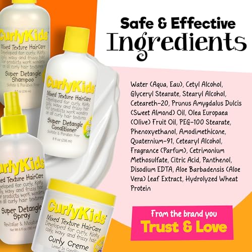 CurlyKids Textured Hair Care Set for Kids, Spray, Shampoo & Creme, 4 Pack