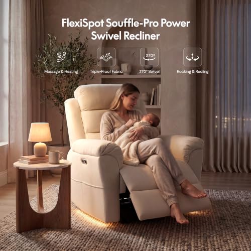 FLEXISPOT Souffle-Pro Swivel Rocker Recliner Chair with Nightlight, Power Nursery Glider Recliner with Massage & Heat, Adjustable Headrest, Oeko-TEX Fabric, Ideal for Nursery & Home Relaxation, Cream