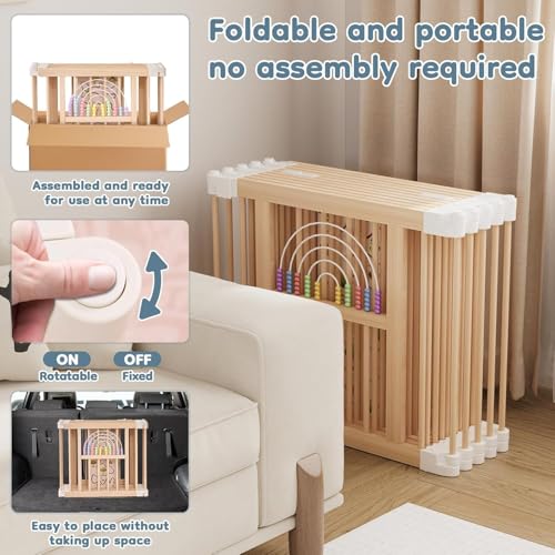 Ulnxiy Wooden Baby Playpen with Montessori Toys, 10-Panel Foldable Wood Play Yard for Toddlers, 84"x56" Large Baby Fence with Safety Lock, CPC Certified Natural Pine Wood Activity Center