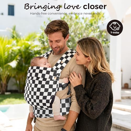 Baby Carrier Newborn to Toddler- 100% Pure Cotton Double-Side Skin-Friendly Baby Carrier,3 Carry Positions Newborn Carrier, Ergonomic,Cozy and Lightweight Infant Carrier for 7-40lbs,Checkerboard